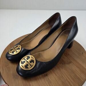 Tory Burch Shoes Womens Size 11 Block Heel Pumps Leather Gold Medallion